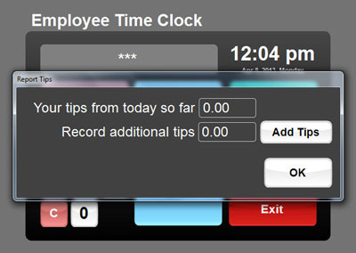 Employee Time Clock cash tip claim on clock out