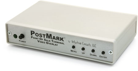 At the core of this security enhancement is the PostMark Video Overlay box. This technology works with most video surveillance systems and has been adapted specifically for use with Point of Success POS software. Receives order information from a Point of Success workstation through a serial port configured for use with a pole display Security camera video enters the box through a composite video jack Order information is overlaid on the camera video Combined image exits the box through a composite video jack Connect this video signal to your DVR or other compatible video equipment Each order item is displayed on one line of text up to 18 characters in length Up to 11 lines of order information can be displayed simultaneously If the workstation also uses a pole display, a pass-through serial port provides data to drive the pole display.