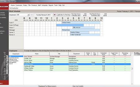 Each position in the restaurant is set up at the top of the window. Staff members already entered in Point of Success display at the bottom of the window. Clicking a time slot will flag employee eligibility on the bottom of the window. In this example, the employee shaded in light red is unavailable for the shift. The employees flagged with the light green color are available for the selected shift. Click an employee, then drag and drop the employee onto the schedule bar to schedule the employee for a shift.