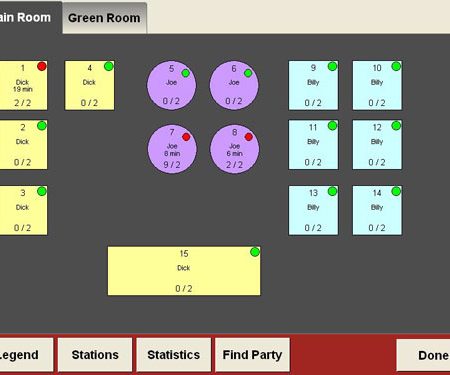 Define your dining area on one screen or assign different rooms or dining areas to separate tabs. Table sizes, shapes and seating capacities are controlled in the table map designer. Use the table map for tasks in Table and Guest Management and Point of Success order entry: Check table status Open or close a station or dining area Visually tie tables to servers and dining areas Select a table from the table map in Point of Success Order Entry to create or edit a guest order