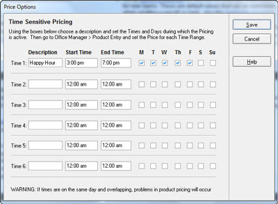 Timed pricing and happy hour pricing configuration screen