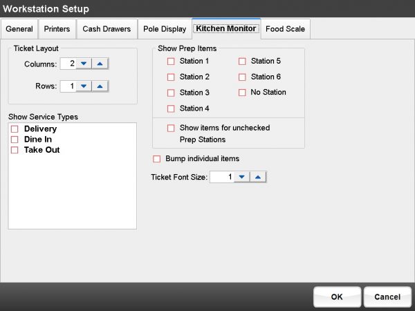 This show all of the options available on the kitchen monitor. You are able to select font size to how many rows and columns are shown. You can even set up to show only service types.