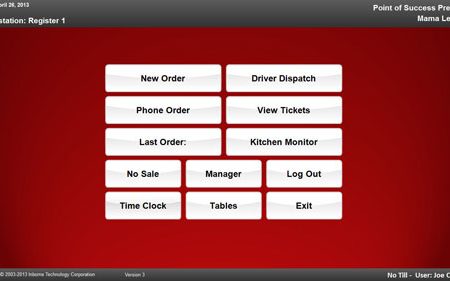 This shows the home screen. Staff can easily access any portion of Point of Success. Note that staff will not be able to access the back office program to make any changes to the menu.