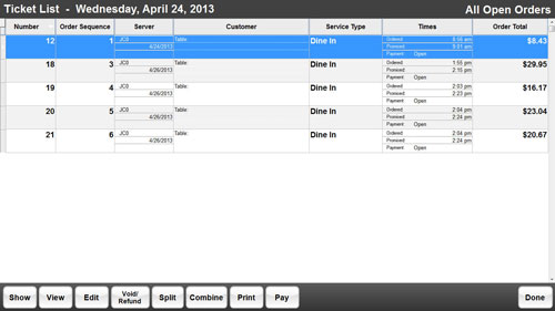 This shows how tickets are stored in the system. You can easily do several functions from this screen. This allows the staff to easily pay, edit, view and combine orders.